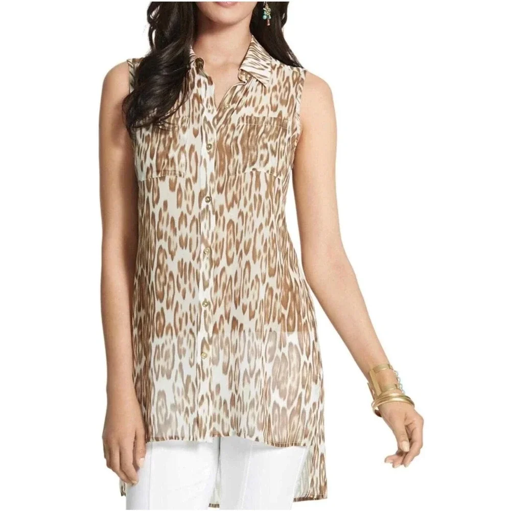 Chicos Animal Leopard Print Sleeveless high‎ low hem Sheer Tunic size 1(U.S.8)